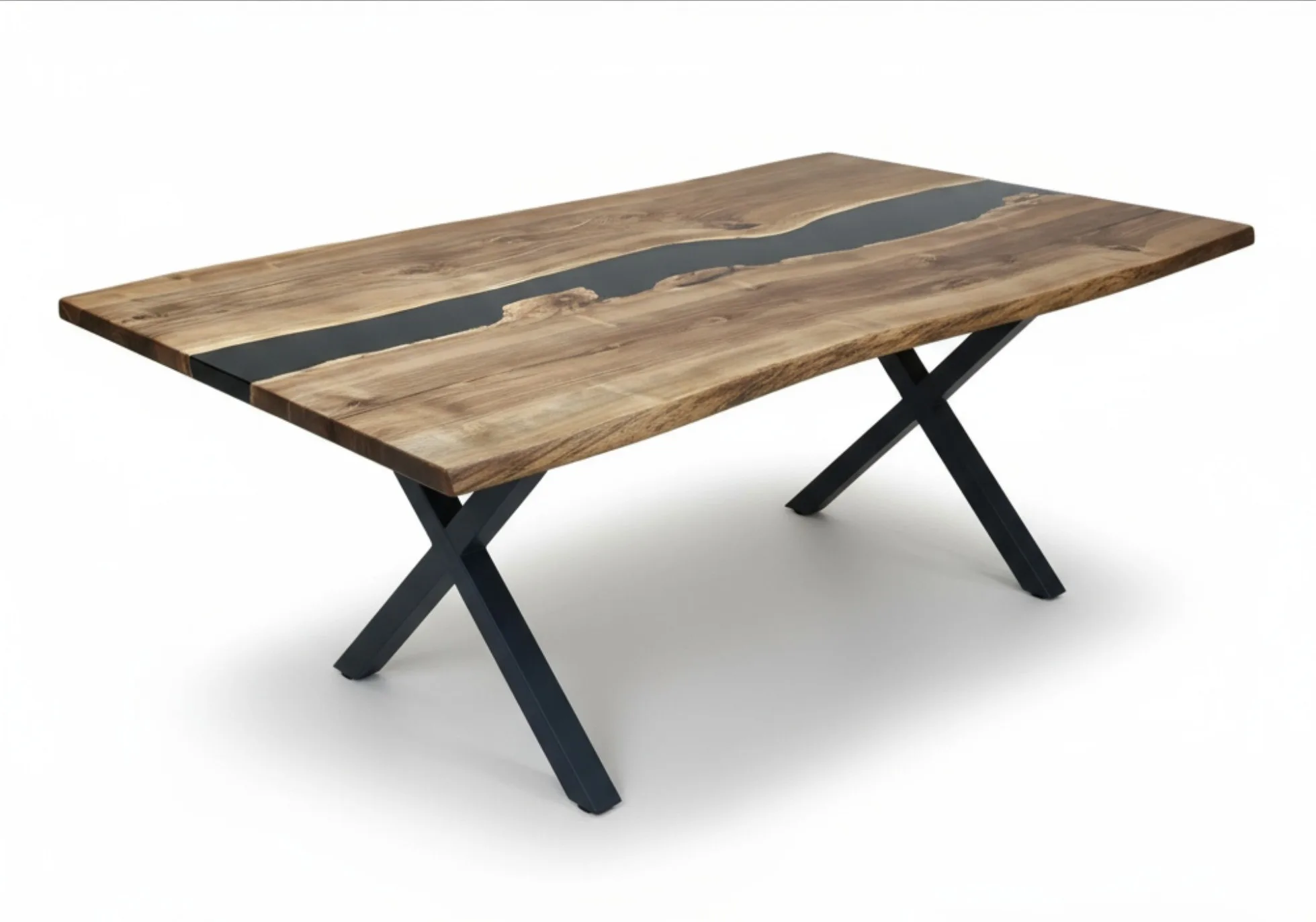 Live edge epoxy dining table with black resin, angled view showing wood texture and glossy finish.