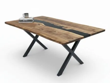 Handmade walnut live edge dining table with natural wood grain and epoxy finish