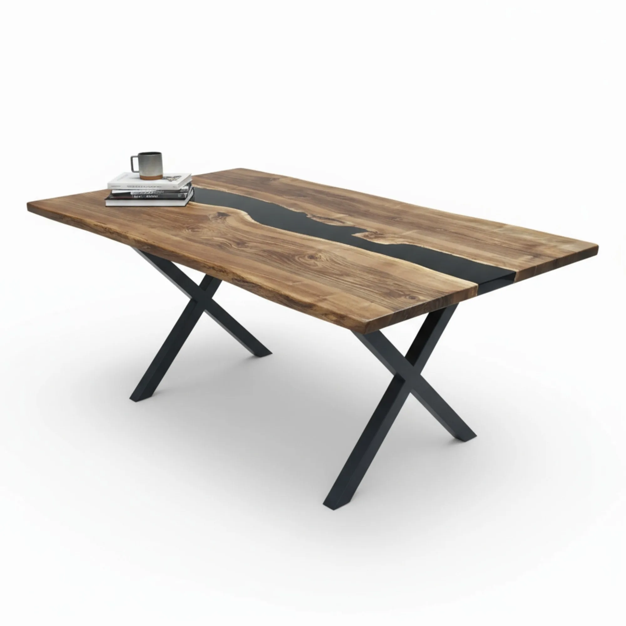 Handmade walnut live edge dining table with natural wood grain and epoxy finish