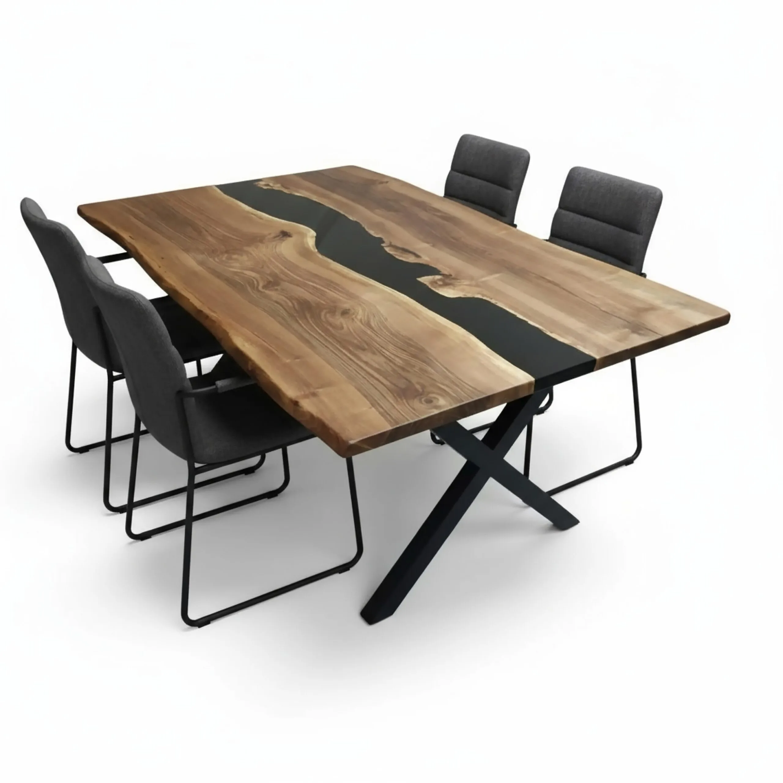 Modern live edge black resin epoxy dining table made of walnut wood in a contemporary dining room.