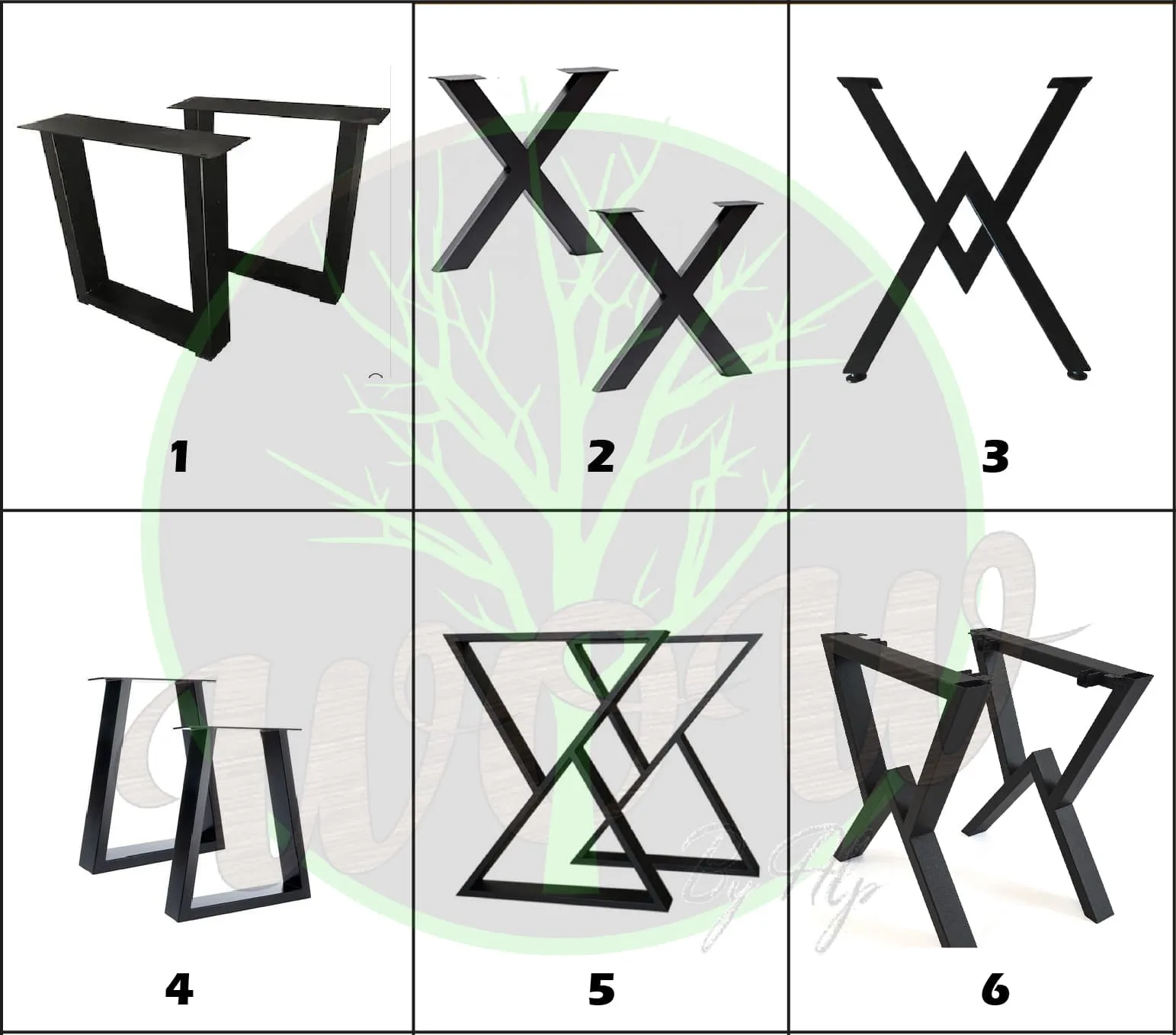 Metal table leg options including U, X, V, Z designs