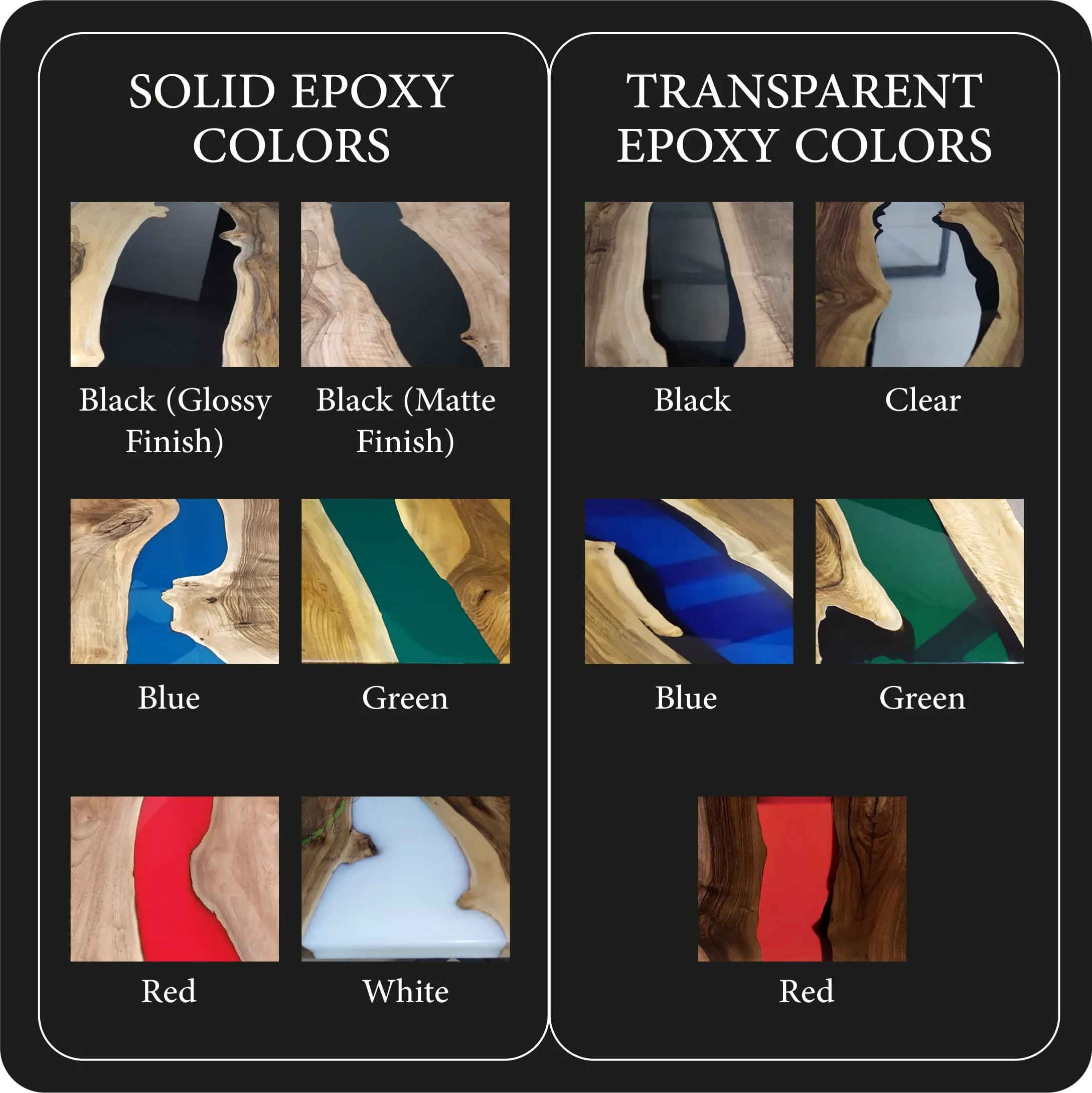 Epoxy resin color options chart showing black, blue, green, gold and other epoxy color options.