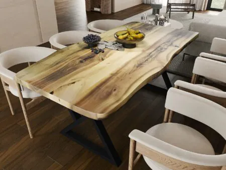 Walnut live edge dining table styled with decor