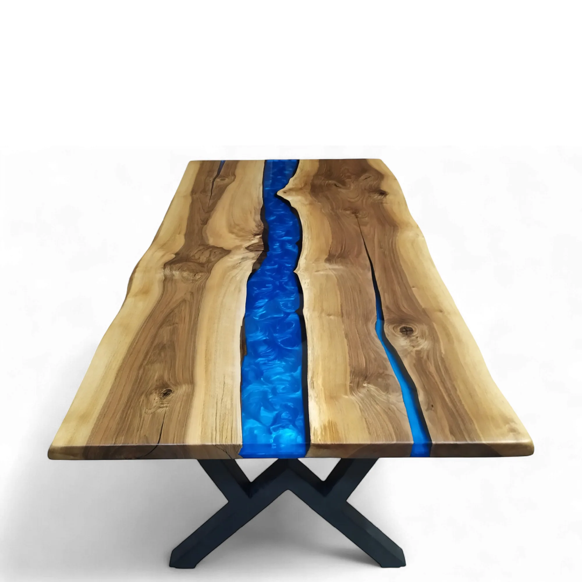 walnut dining table with blue epoxy river