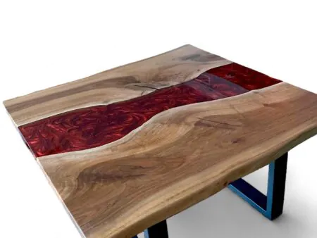 handcrafted square walnut epoxy coffee table in modern home