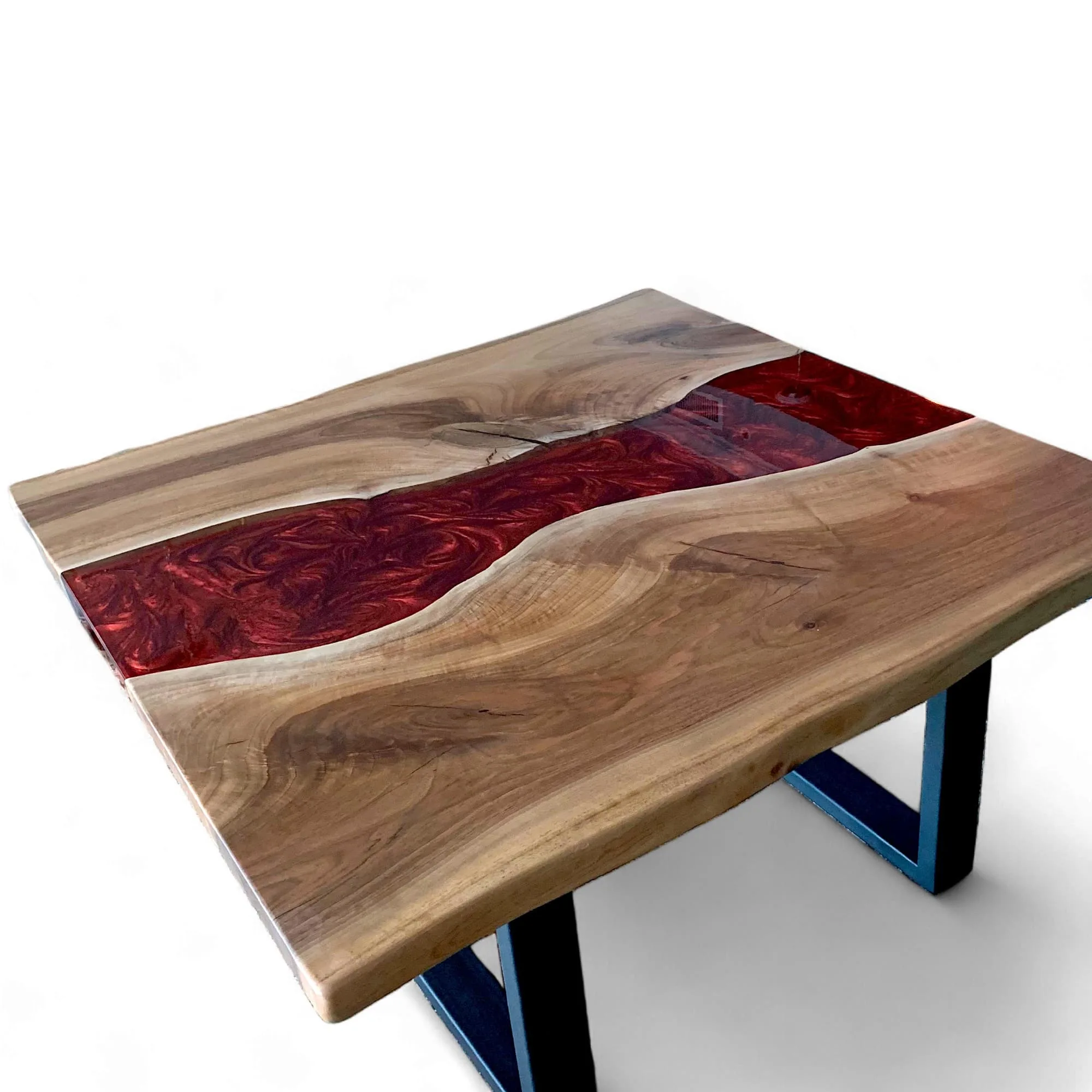 handcrafted square walnut epoxy coffee table in modern home