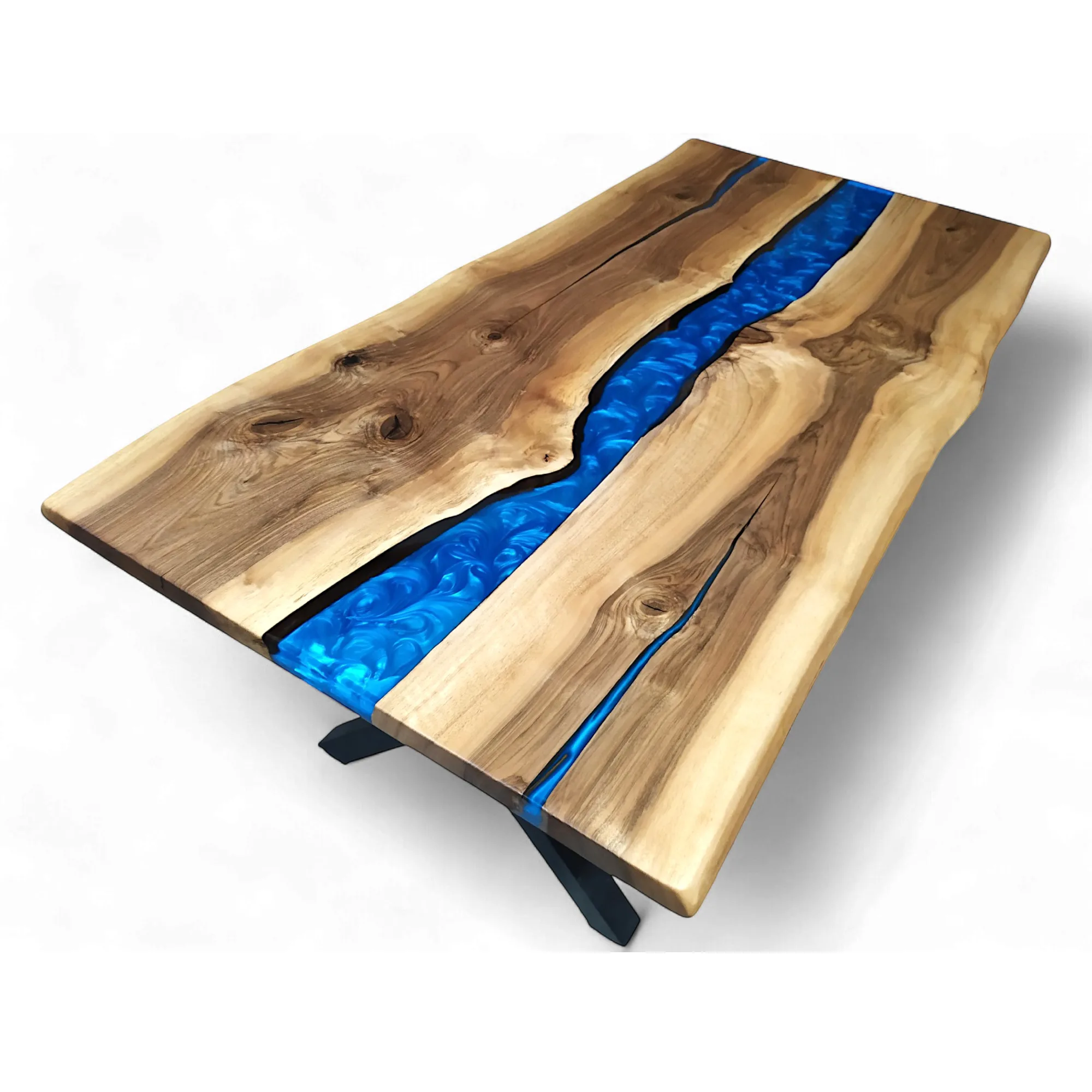 live edge epoxy river table pearled blue epoxy top view