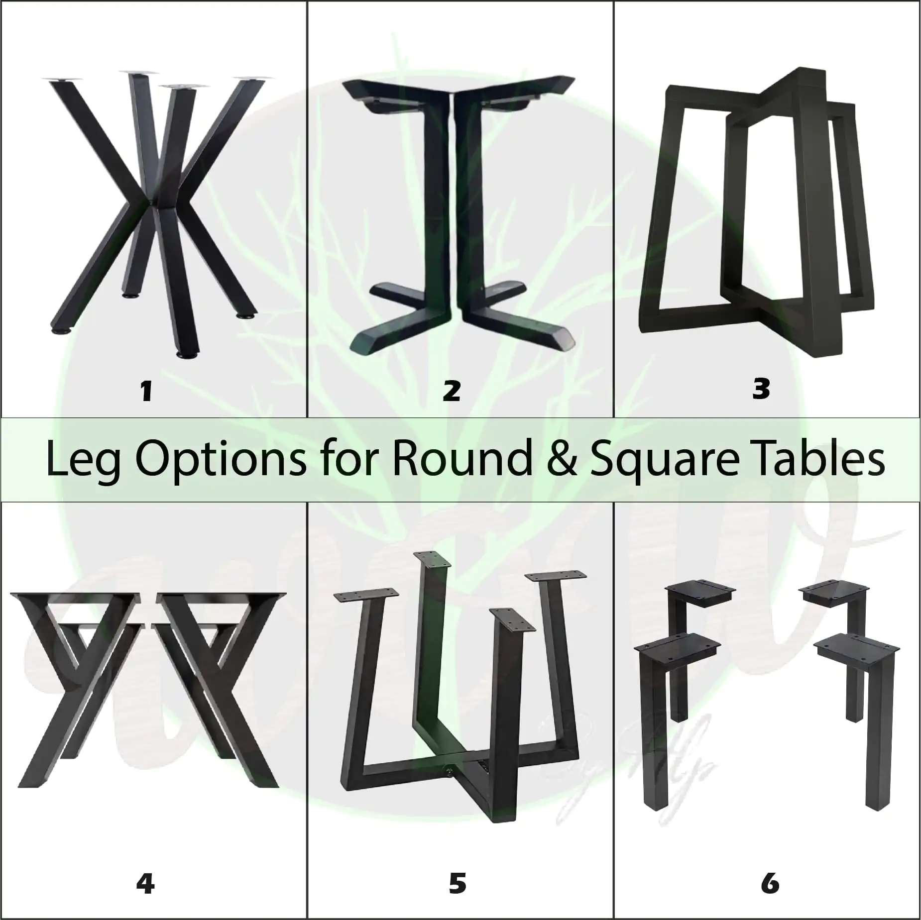 A catalog showcasing 6 different black metal table leg options for round and square tables, featuring spider legs, pedestal, geometric, wishbone, and minimalist designs, handcrafted by Wow by Alp.