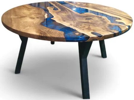 Round Navy Blue Epoxy Table with European walnut wood