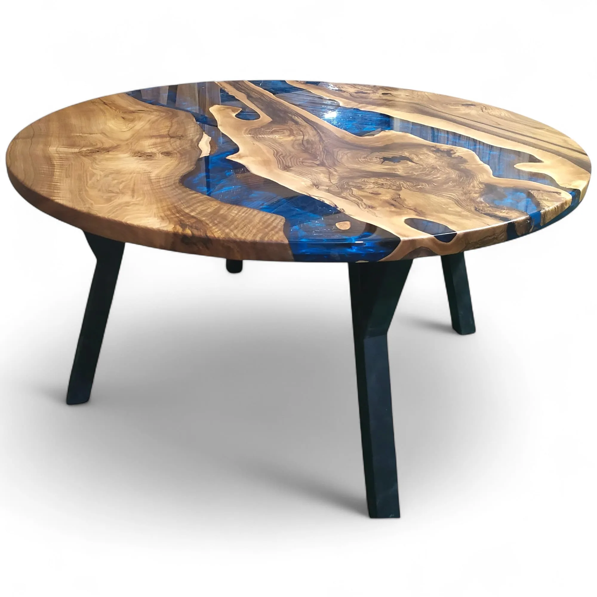 Round Navy Blue Epoxy Table with European walnut wood