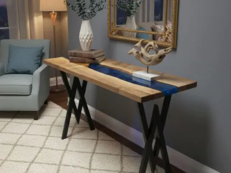 Navy epoxy console in modern home interior