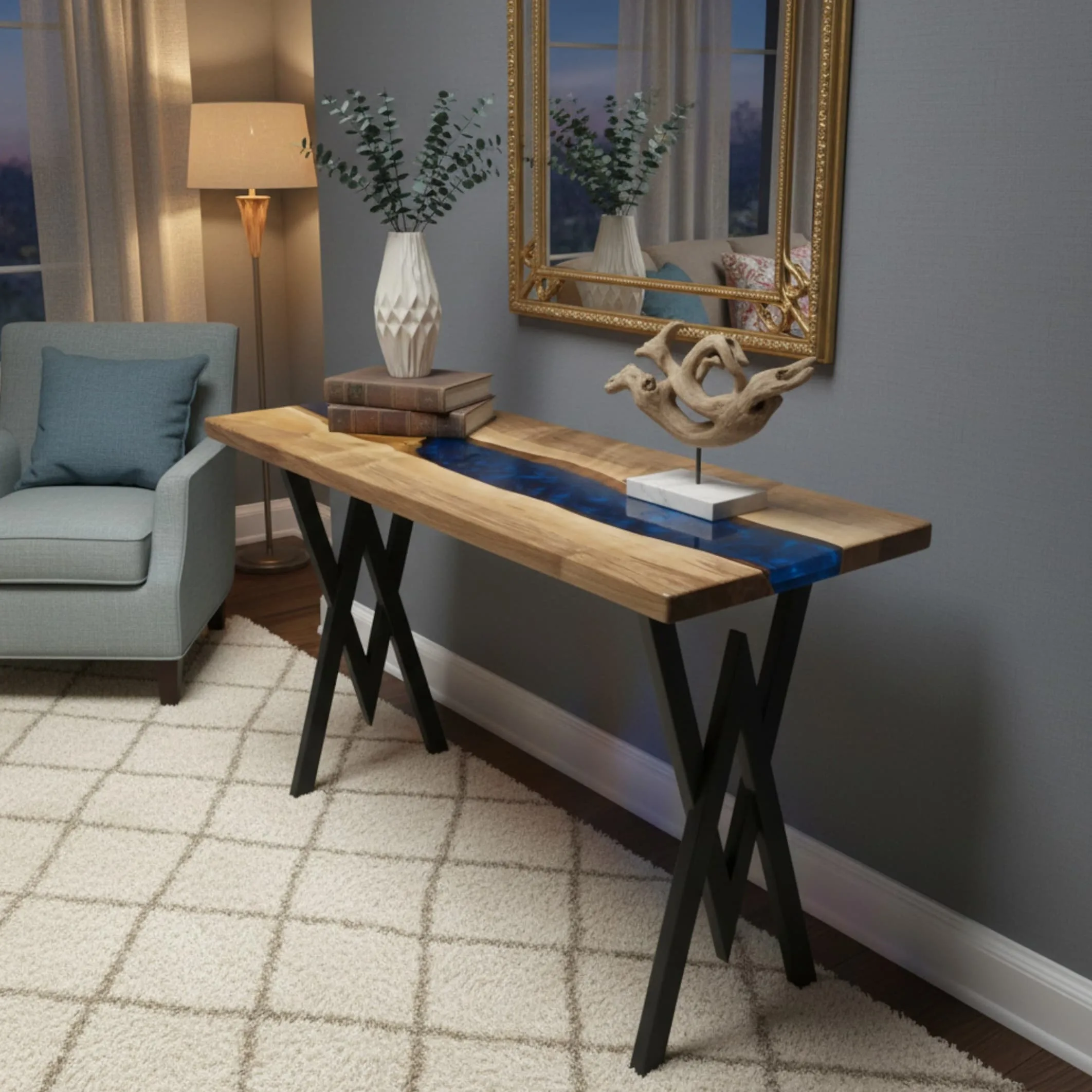 Navy epoxy console in modern home interior