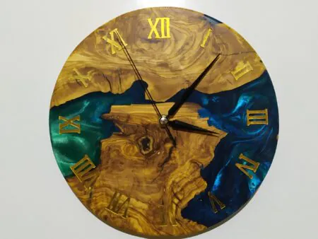 Olive wood epoxy wall clock with greenresin