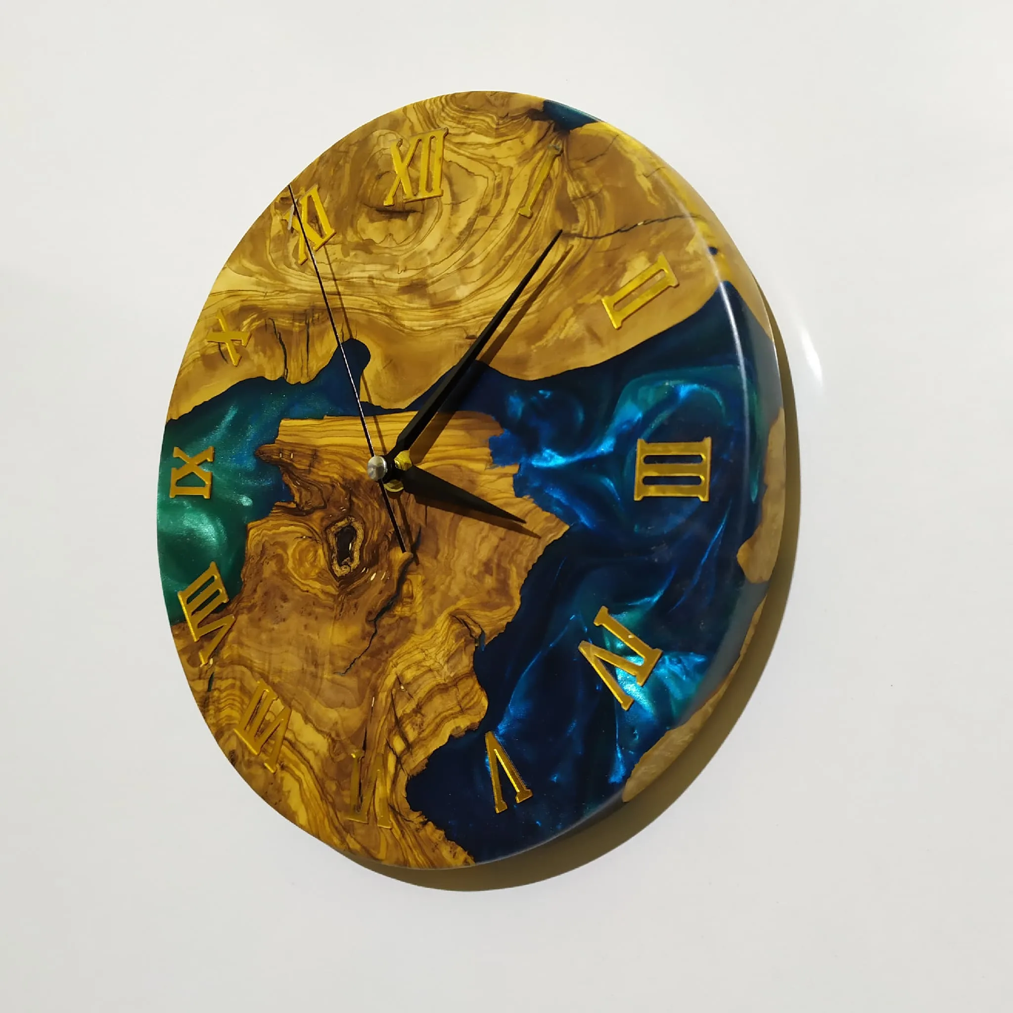 Custom olive wood epoxy wall clock in multiple sizes