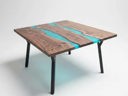 Double River Square Epoxy Table with turquoise resin