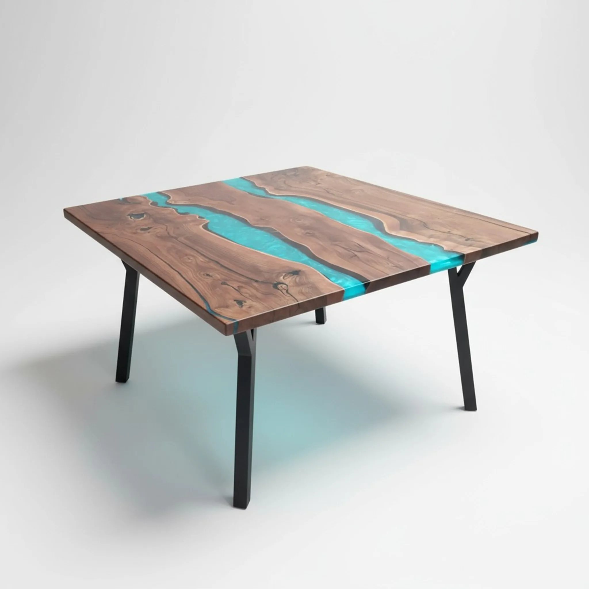 Double River Square Epoxy Table with turquoise resin