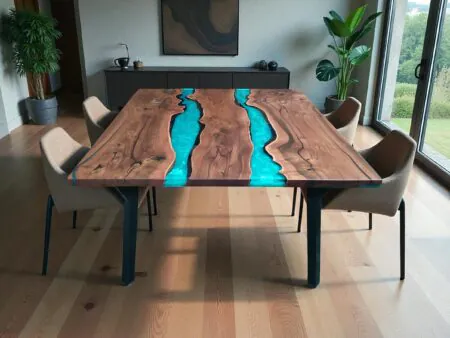 Epoxy river table with square design and customizable colors