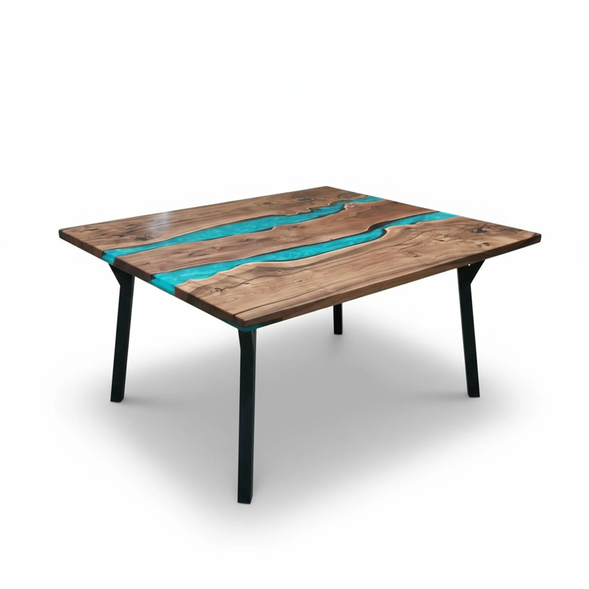 Square walnut epoxy dining table with dual turquoise rivers