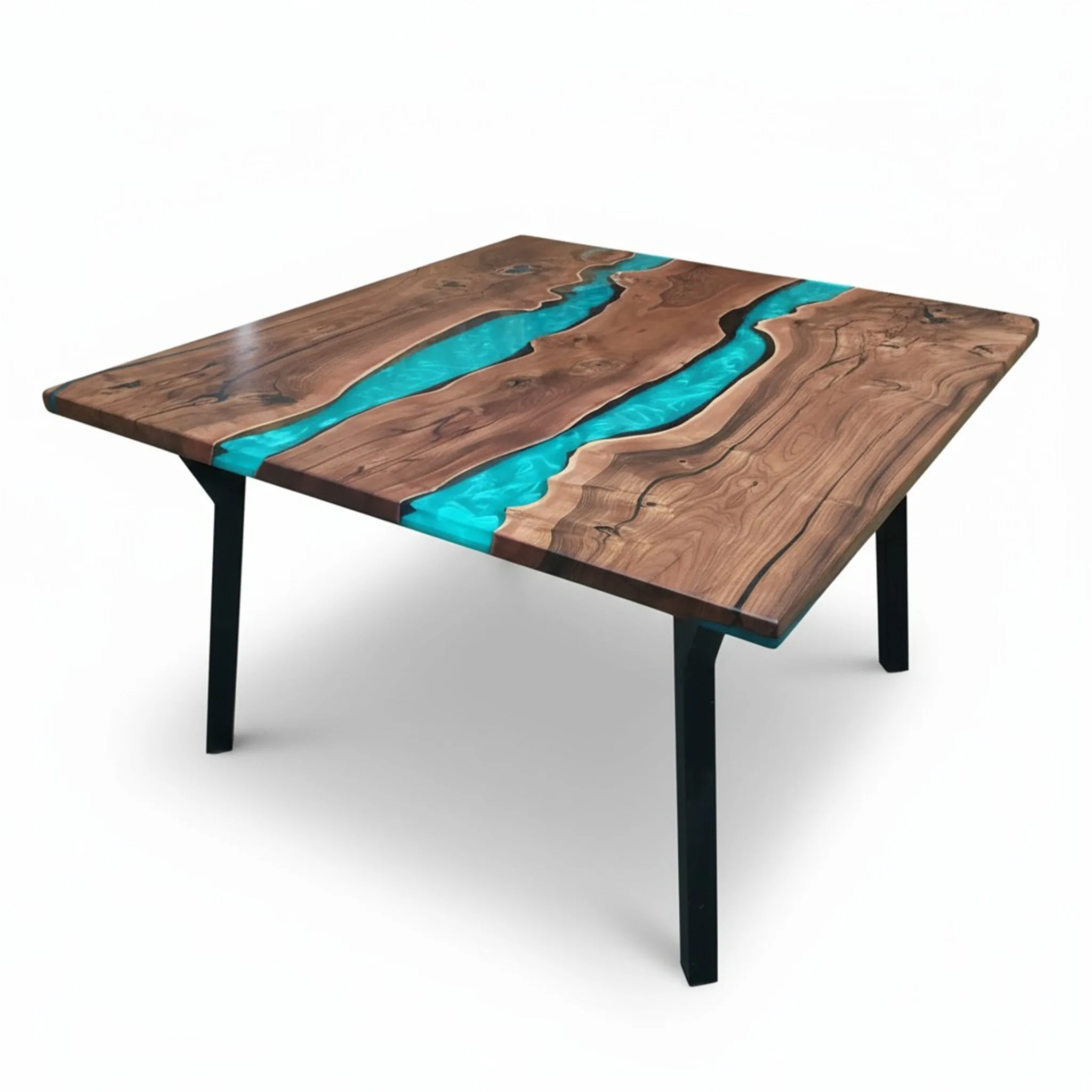 Handmade walnut and turquoise resin table with customizable options