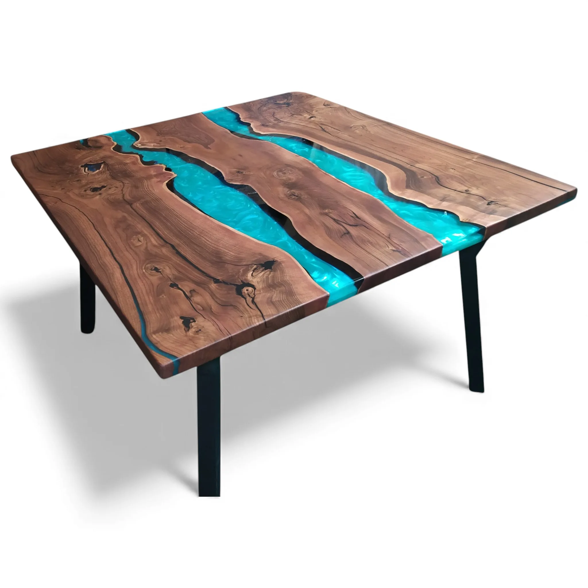 Close-up of turquoise epoxy river between walnut slabs