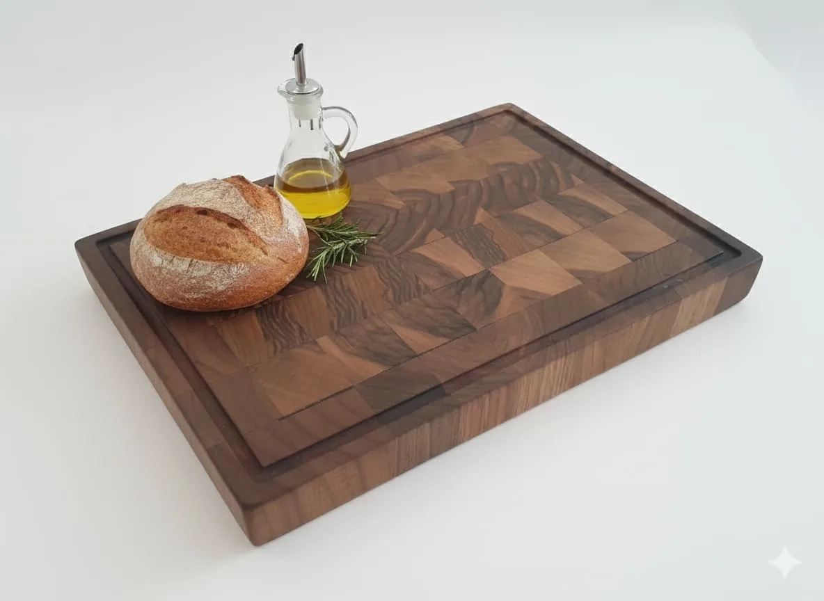 Walnut end grain cutting board in modern kitchen