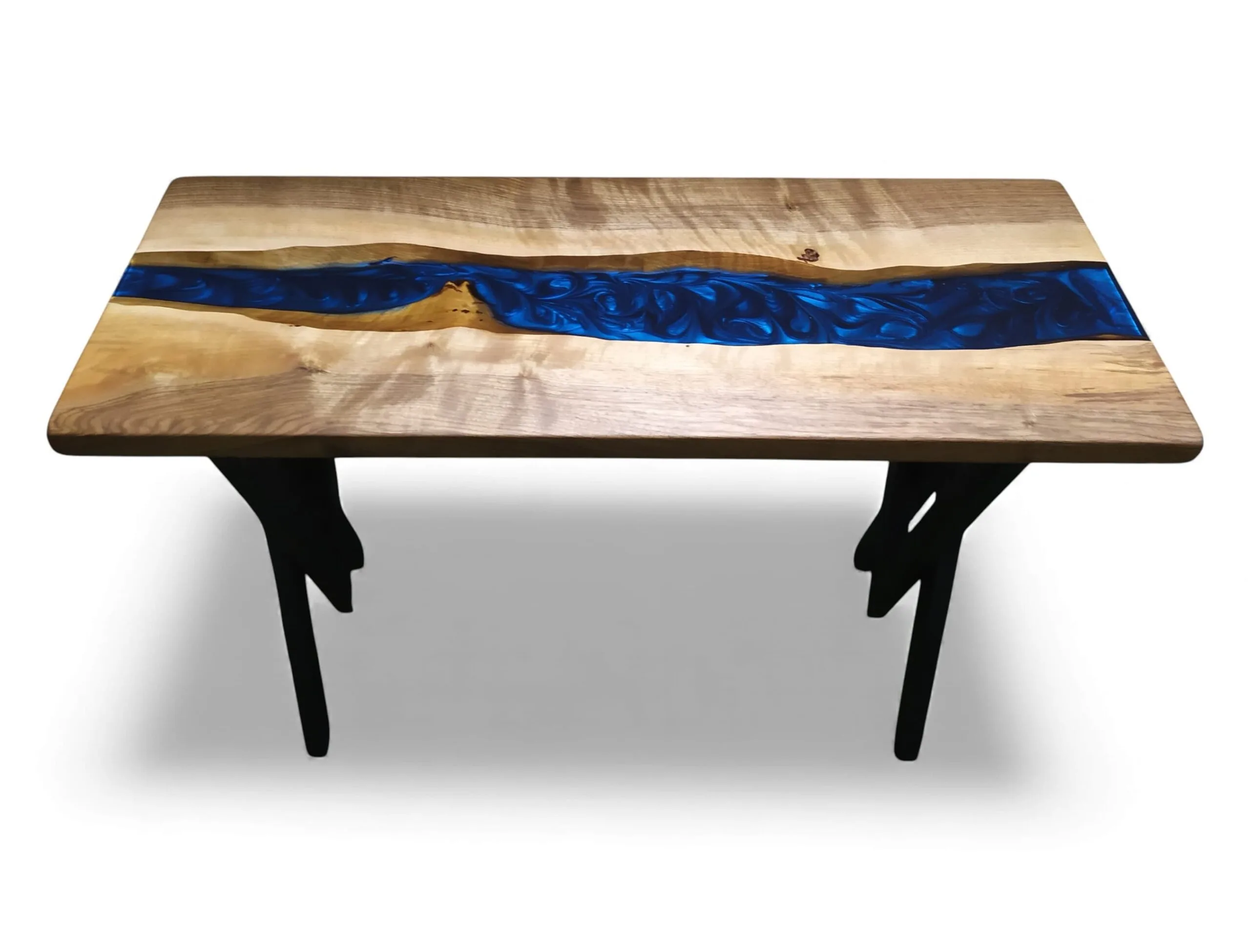 Side profile view of navy epoxy console table