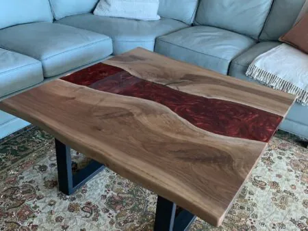 walnut square epoxy coffee table side view natural edges