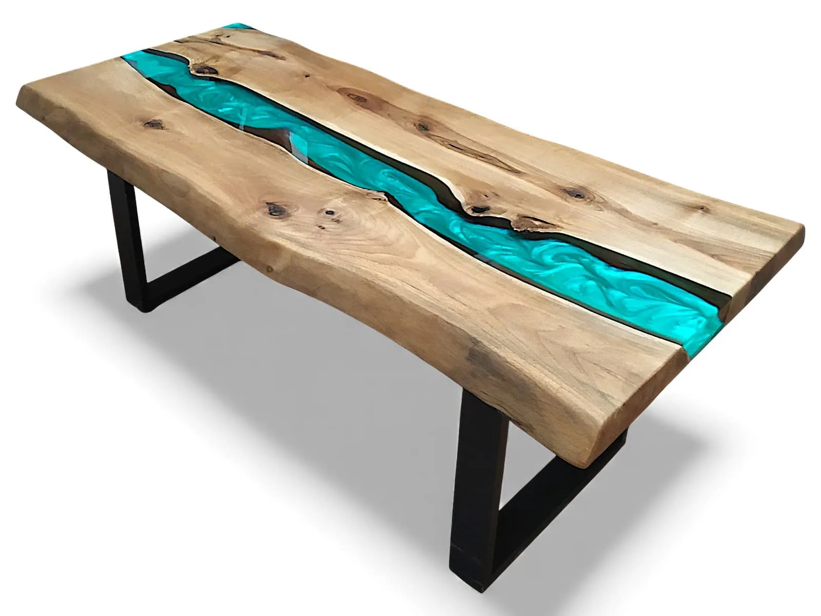 Detailed corner view of a turquoise epoxy coffee table, showing edge craftsmanship.