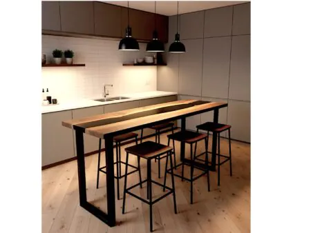 Modern interior with handcrafted walnut and epoxy bar table