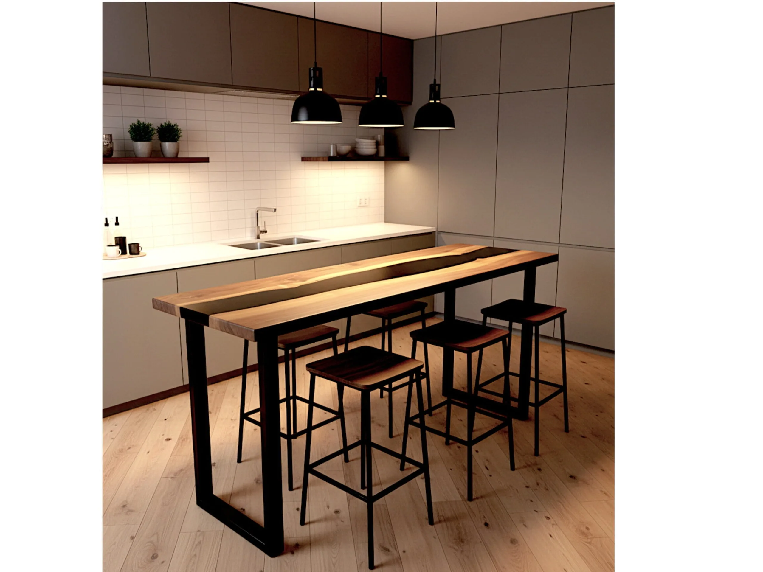 Modern interior with handcrafted walnut and epoxy bar table
