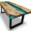 Detailed corner view of a turquoise epoxy river coffee table, showing edge craftsmanship.