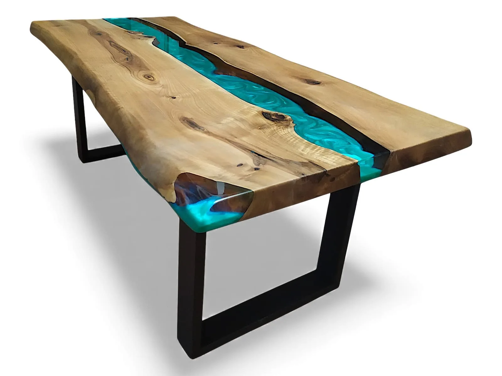 Detailed corner view of a turquoise epoxy river coffee table, showing edge craftsmanship.