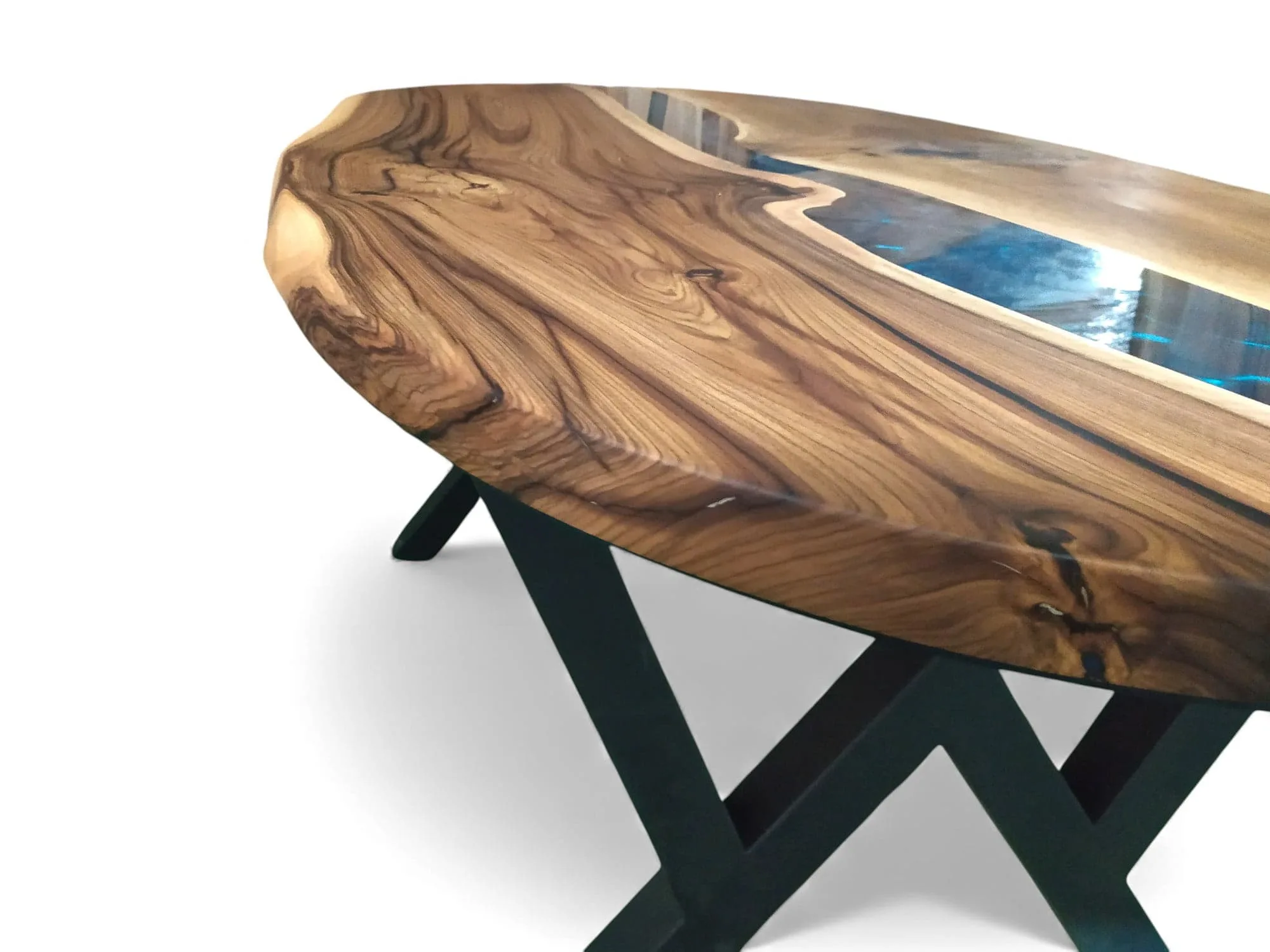 Close-up of epoxy design on oval dining table