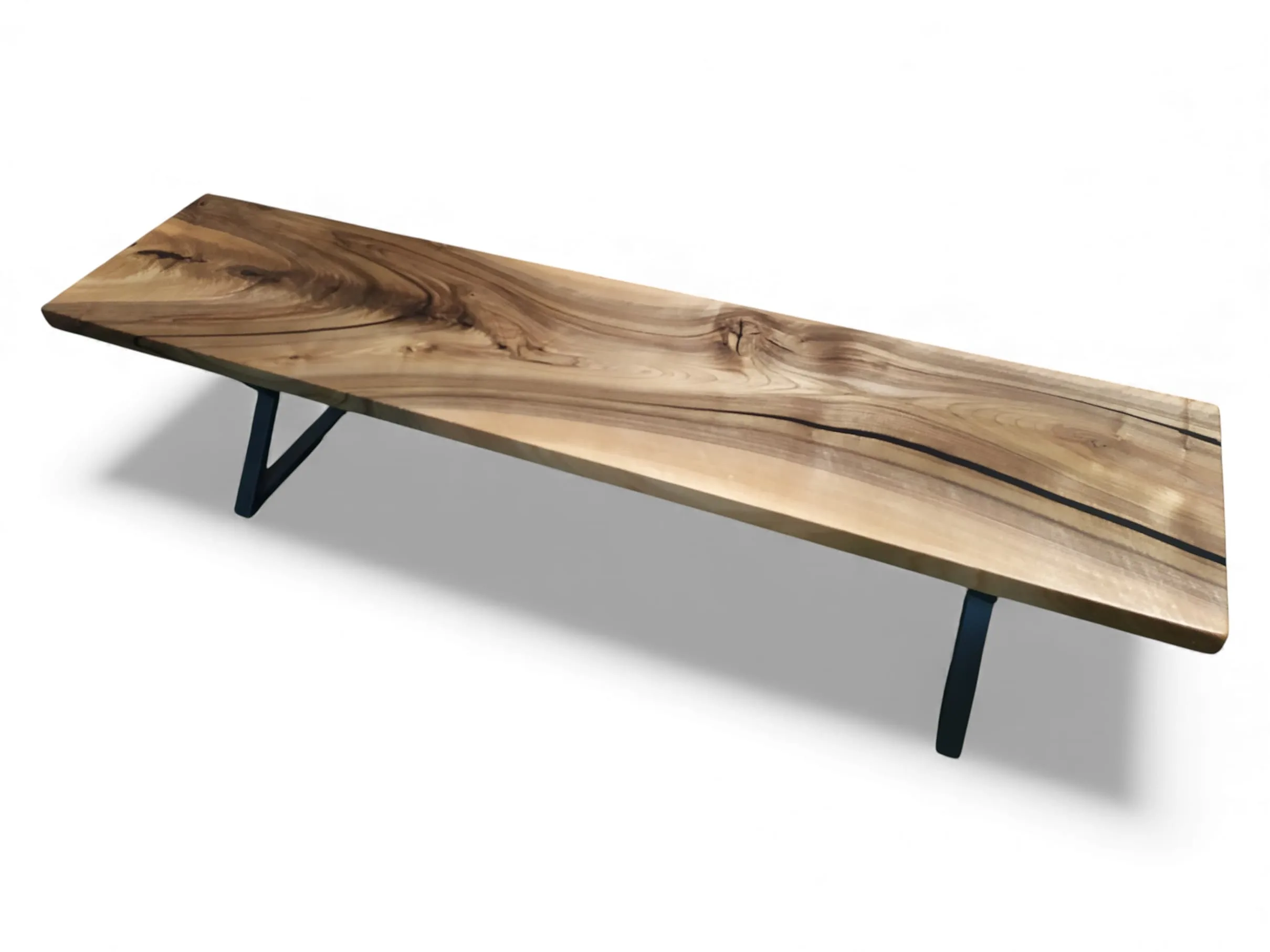 Handcrafted walnut wood bench placed in a modern interior