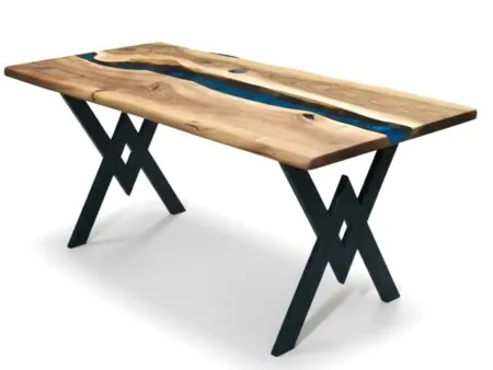 Navy blue epoxy walnut office desk angled view