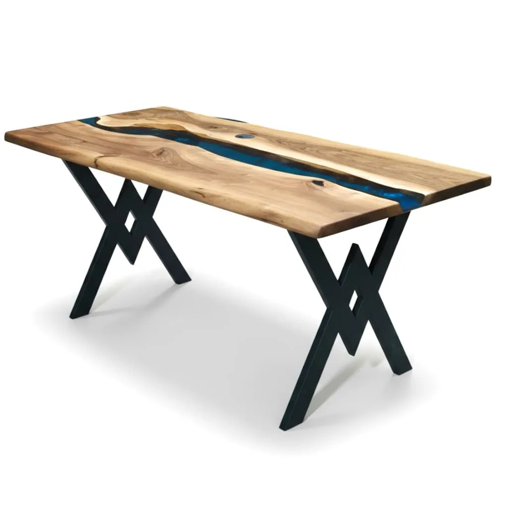 Navy blue epoxy walnut office desk angled view
