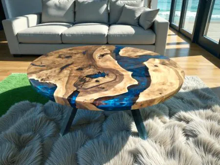 Modern living room with walnut and epoxy coffee table