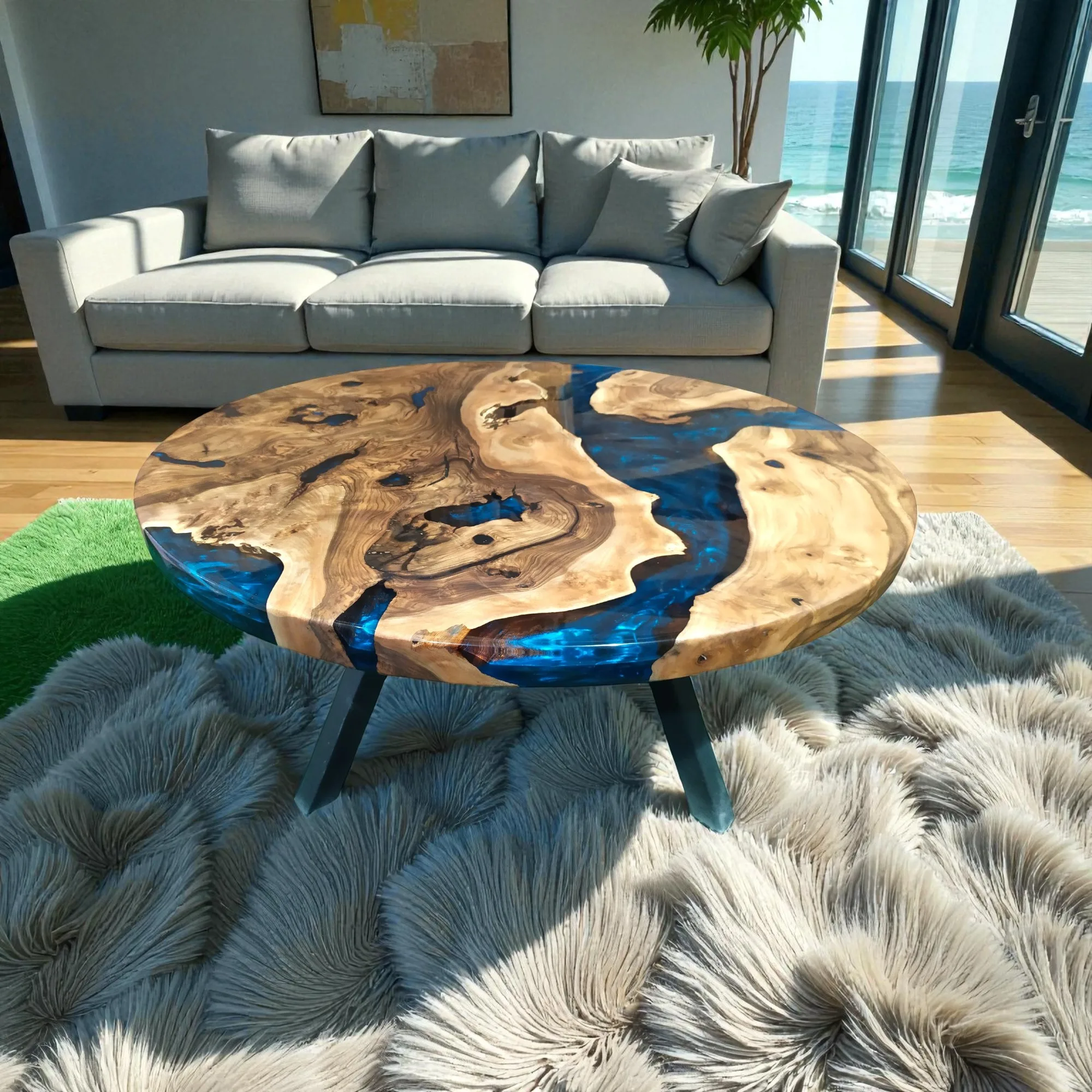 Modern living room with walnut and epoxy coffee table