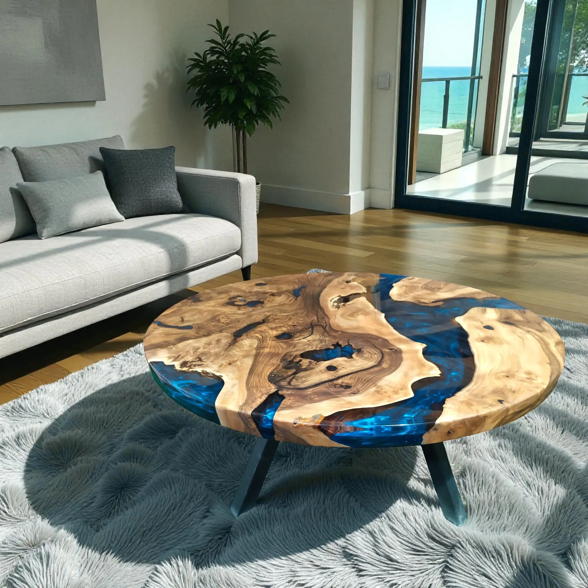Modern living room with walnut and epoxy coffee table