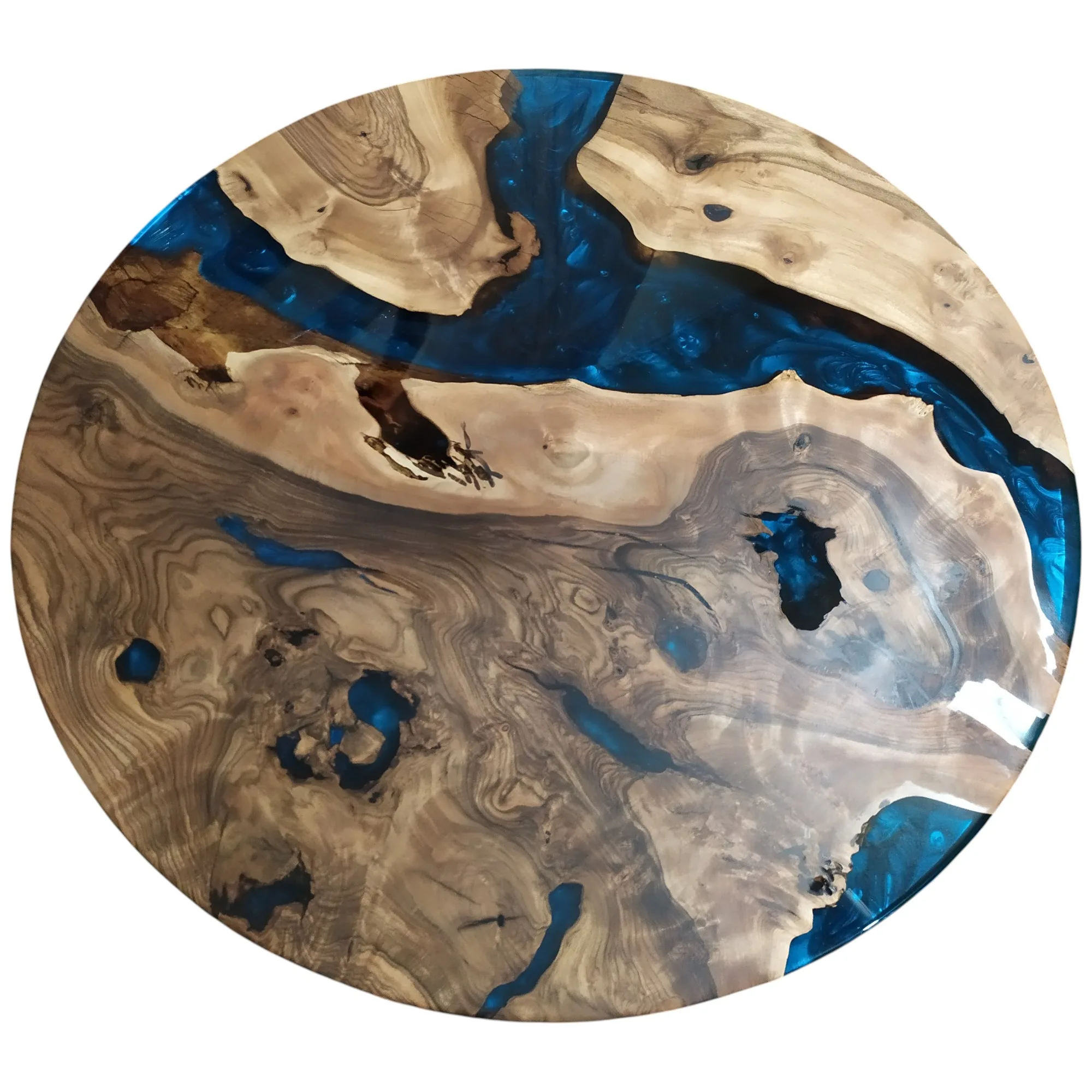 Blue epoxy round walnut coffee table