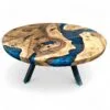 Round walnut epoxy coffee table with blue resin and walnut wood