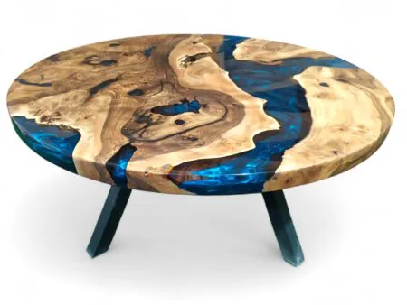 Round walnut epoxy coffee table with blue resin and walnut wood
