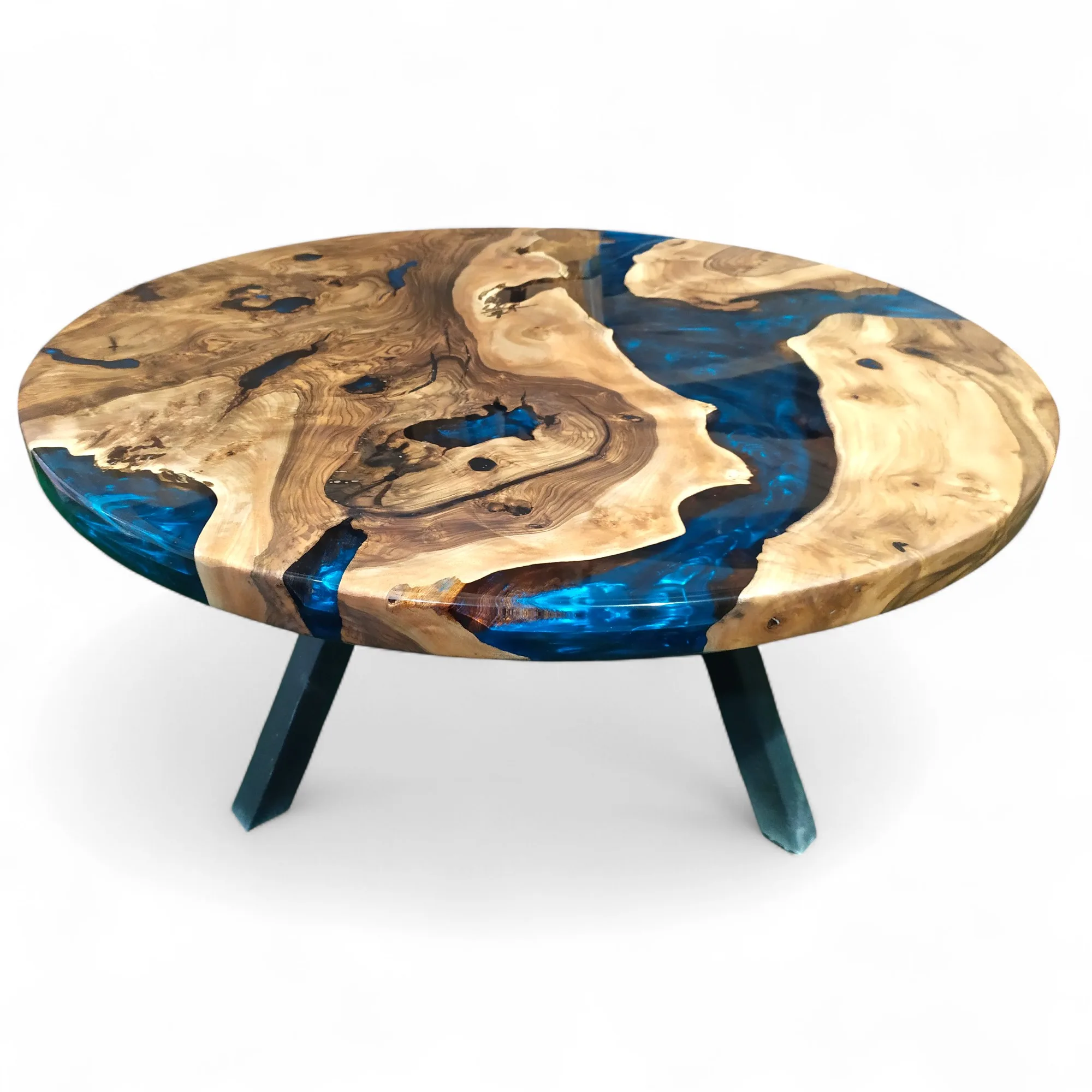 Round walnut epoxy coffee table with blue resin and walnut wood