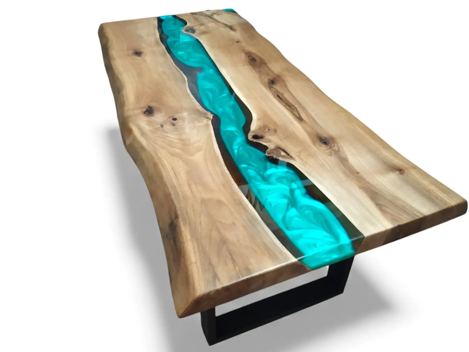 Handmade turquoise epoxy river coffee table, front view with natural hardwood and blue resin.