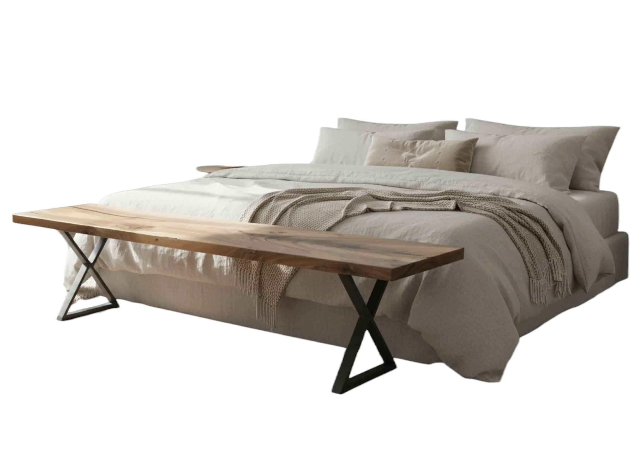 Walnut wood bench placed at the foot of a bed