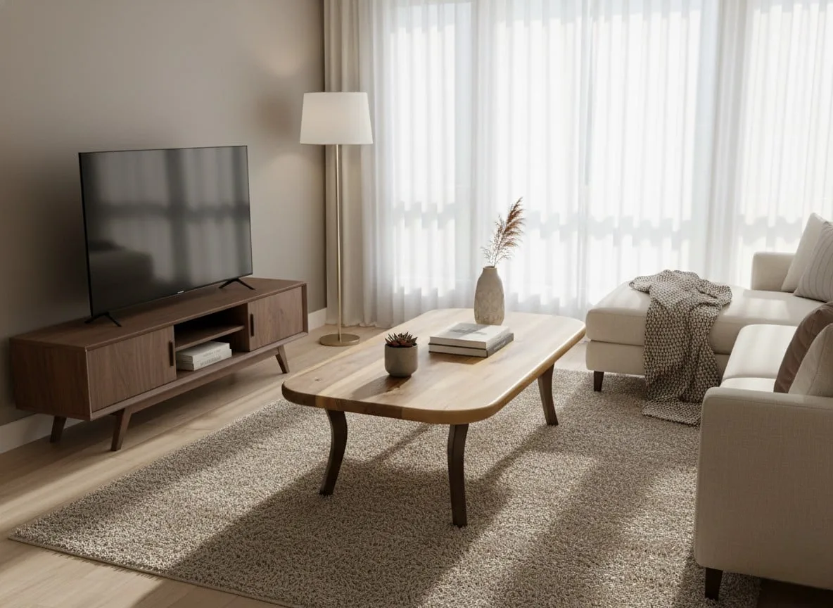 Walnut coffee table styled with home decor pieces