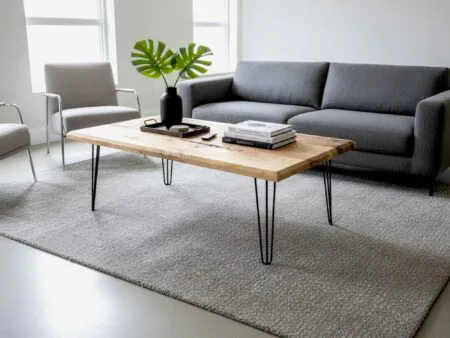 Walnut coffee table styled in a modern living room