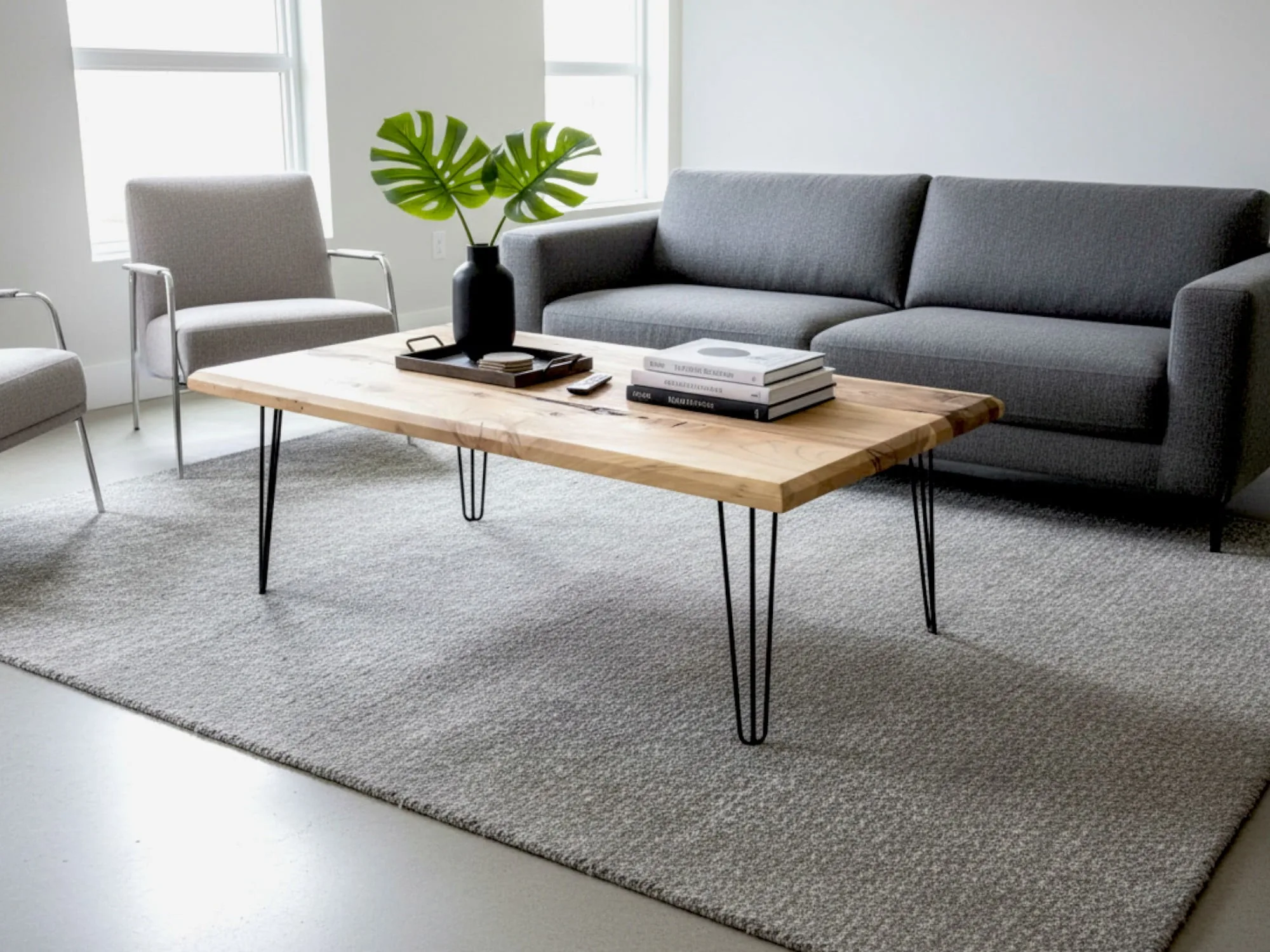Walnut coffee table styled in a modern living room