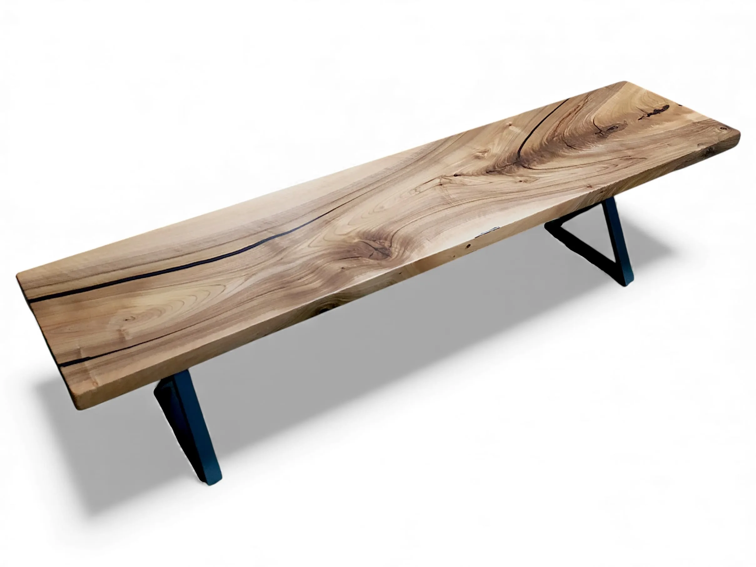 Walnut entryway bench with black metal legs