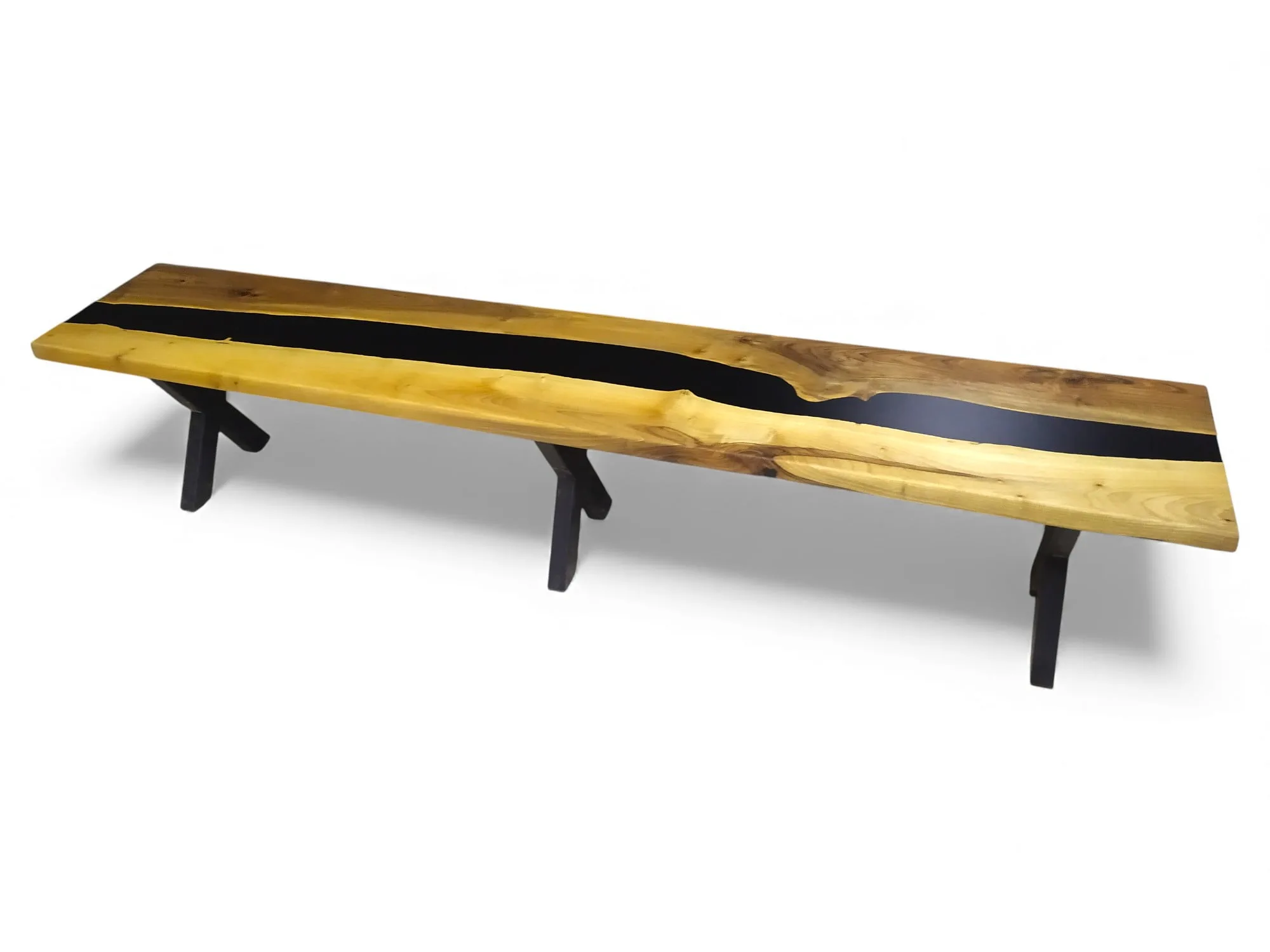 Walnut bench with black epoxy close up